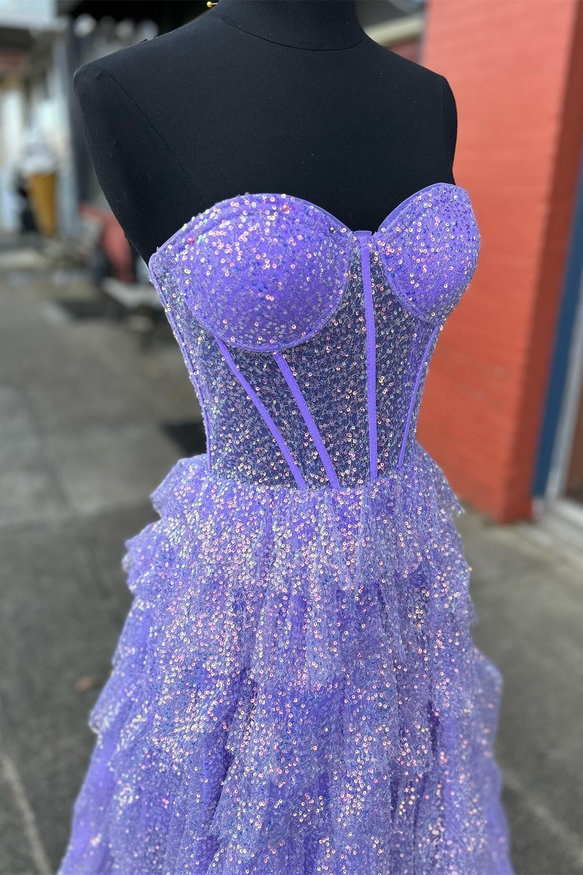 Glitter Tulle Prom Dress Corset Ruffle Tiered Long Evening Dress With Split