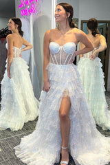 Glitter Tulle Prom Dress Corset Ruffle Tiered Long Evening Dress With Split
