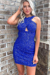 Glitter Turquoise Homecoming Dresses Halter Backless Sequin Tight Cocktail Dresses