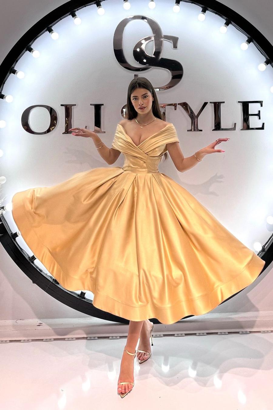 Gold A Line Prom Dress Cap Sleeve Off the Shoulder Satin Tea Length Formal Dress