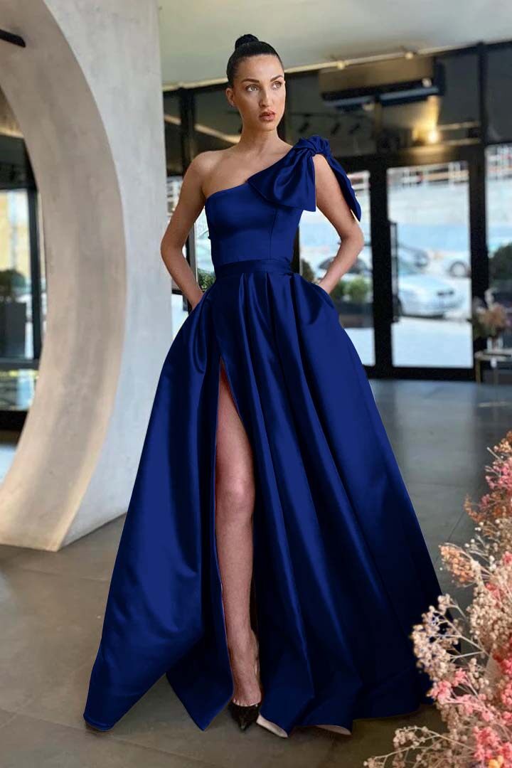 Gold A Line Prom Dress Sleeveless One Shoulder Satin Formal Dress