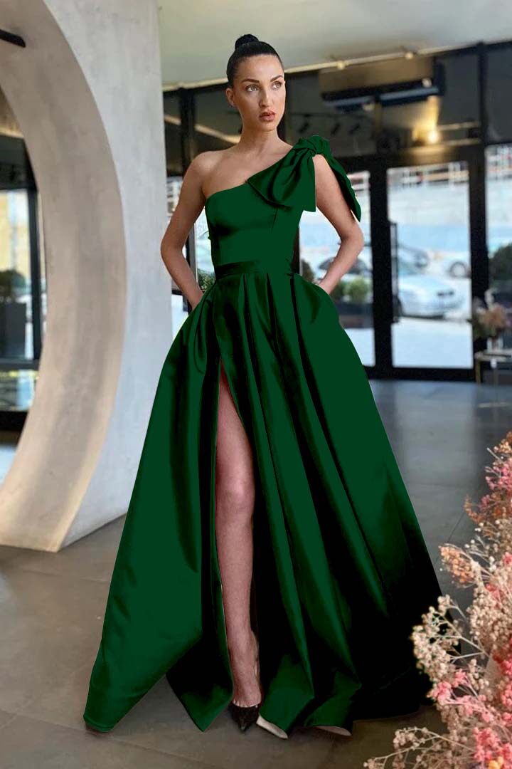 Gold A Line Prom Dress Sleeveless One Shoulder Satin Formal Dress