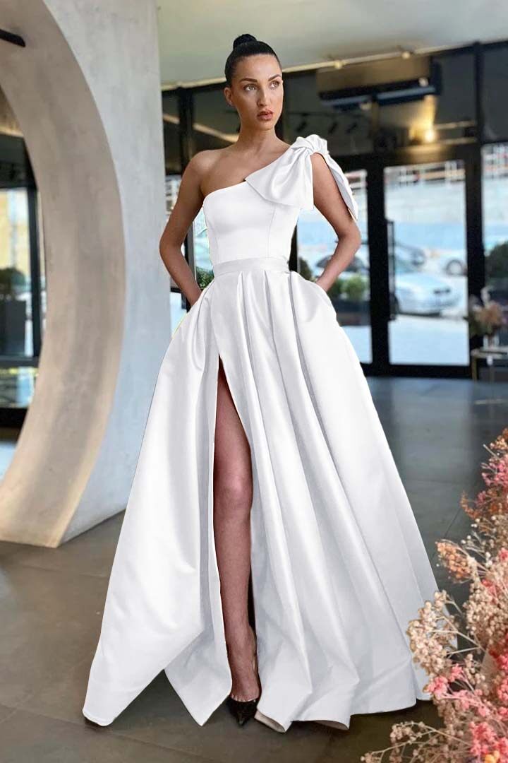 Gold A Line Prom Dress Sleeveless One Shoulder Satin Formal Dress