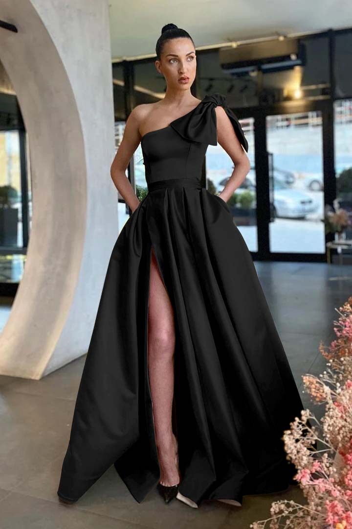 Gold A Line Prom Dress Sleeveless One Shoulder Satin Formal Dress
