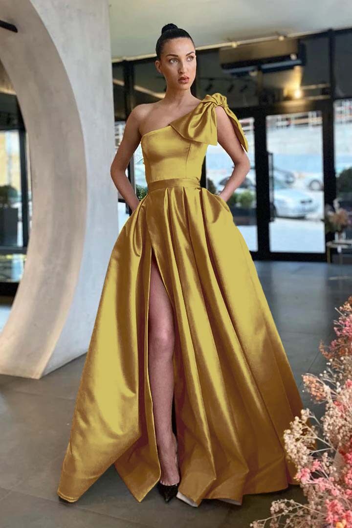 Gold A Line Prom Dress Sleeveless One Shoulder Satin Formal Dress