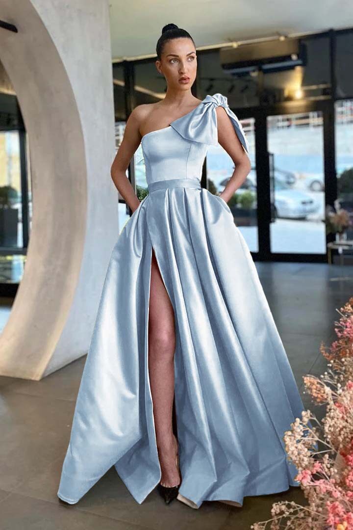 Gold A Line Prom Dress Sleeveless One Shoulder Satin Formal Dress