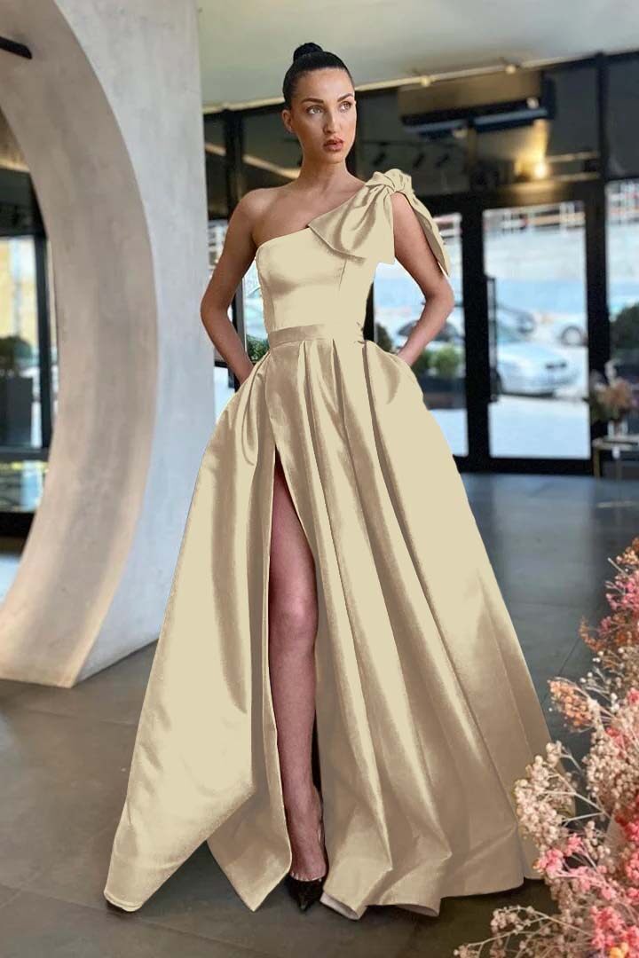 Gold A Line Prom Dress Sleeveless One Shoulder Satin Formal Dress
