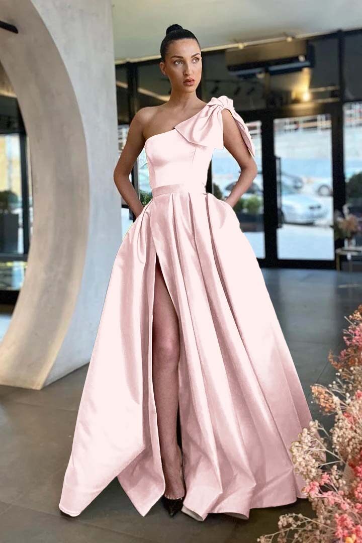 Gold A Line Prom Dress Sleeveless One Shoulder Satin Formal Dress