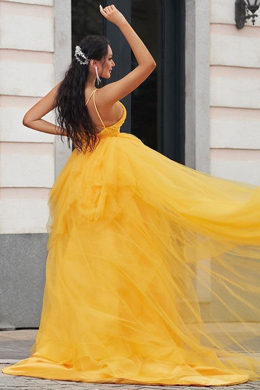 Gold A Line Prom Dress Sleeveless Spaghetti Straps High Low Formal Dress