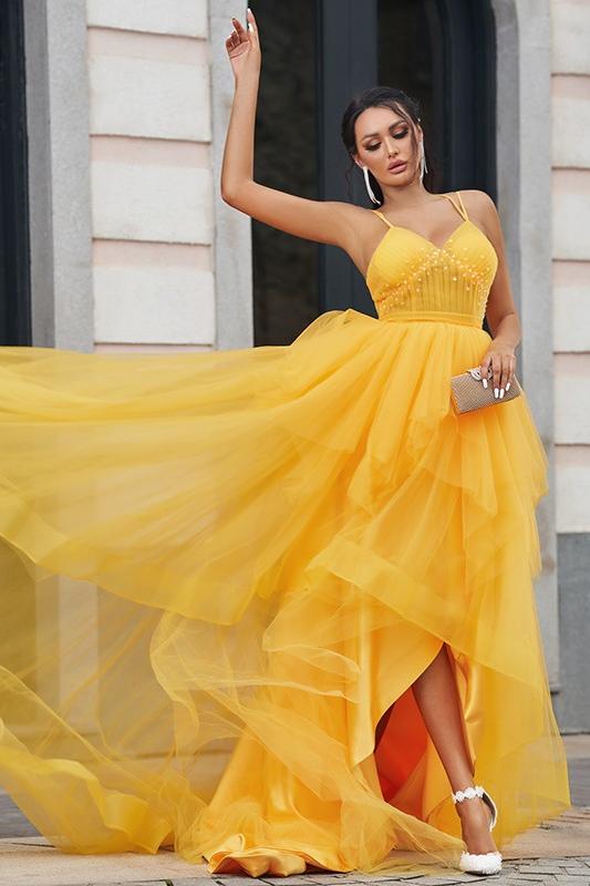 Gold A Line Prom Dress Sleeveless Spaghetti Straps High Low Formal Dress