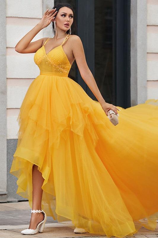 Gold A Line Prom Dress Sleeveless Spaghetti Straps High Low Formal Dress