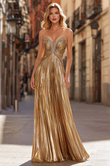 Gold A Line Prom Dress Sweetheart Beaded Pleated Long Formal Gown