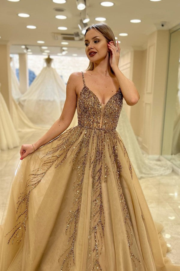 Gold Beaded Tulle A Line Wedding Dress with Spaghetti Straps and Open Back