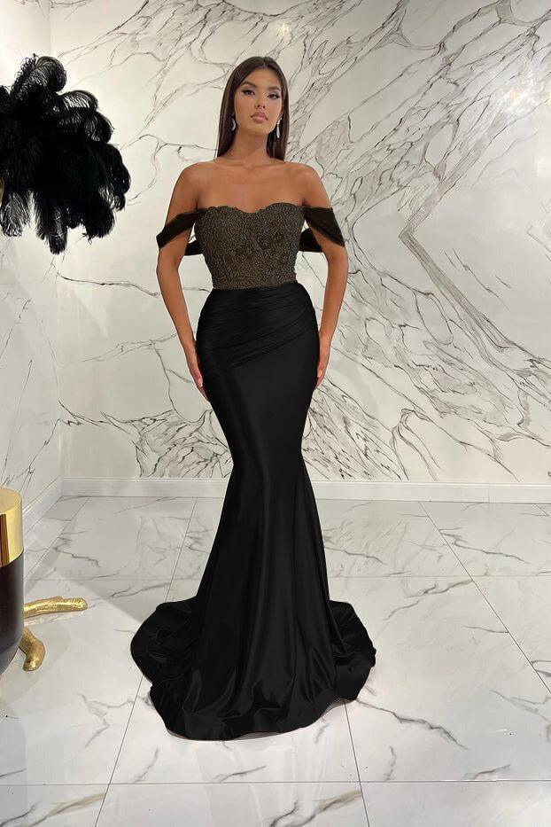 Gold Mermaid Prom Dress Cap Sleeve Off the Shoulder Formal Dress With Lace Appliques