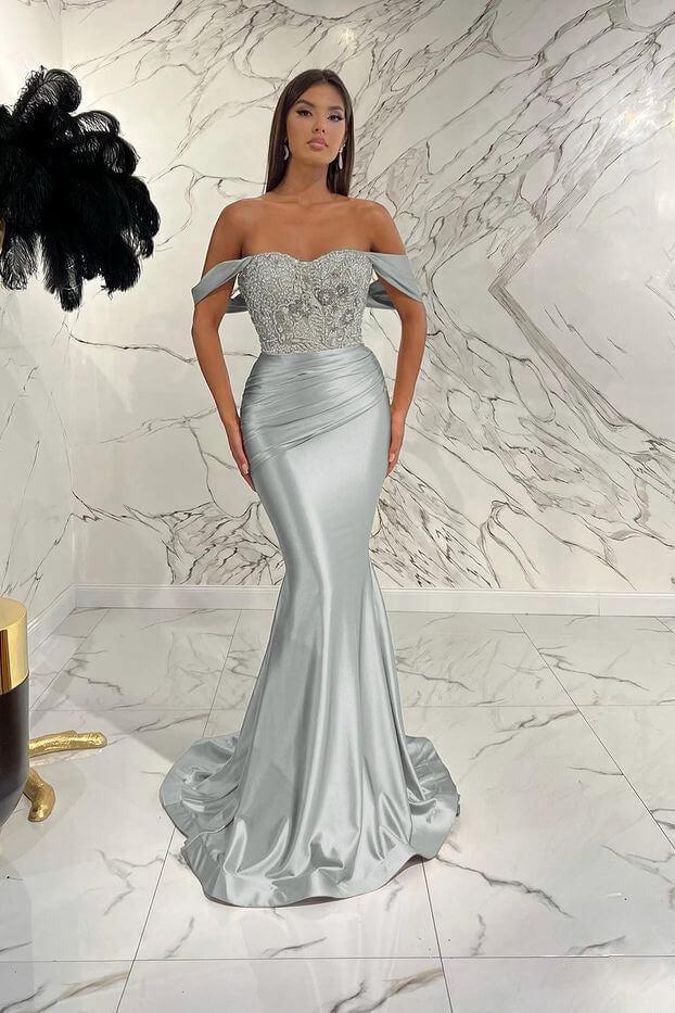 Gold Mermaid Prom Dress Cap Sleeve Off the Shoulder Formal Dress With Lace Appliques