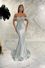 Gold Mermaid Prom Dress Cap Sleeve Off the Shoulder Formal Dress With Lace Appliques