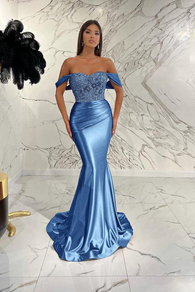 Gold Mermaid Prom Dress Cap Sleeve Off the Shoulder Formal Dress With Lace Appliques