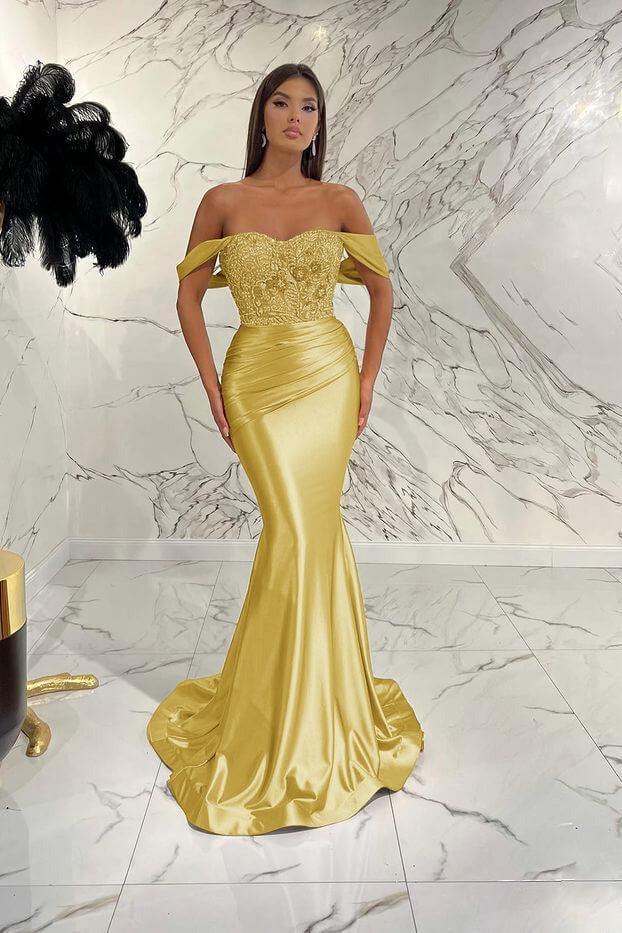Gold Mermaid Prom Dress Cap Sleeve Off the Shoulder Formal Dress With Lace Appliques
