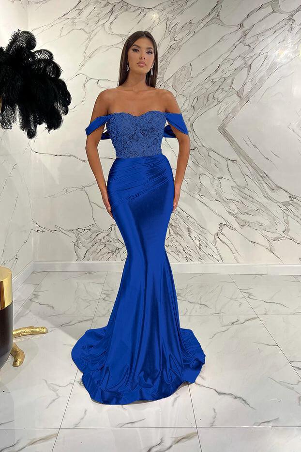 Gold Mermaid Prom Dress Cap Sleeve Off the Shoulder Formal Dress With Lace Appliques