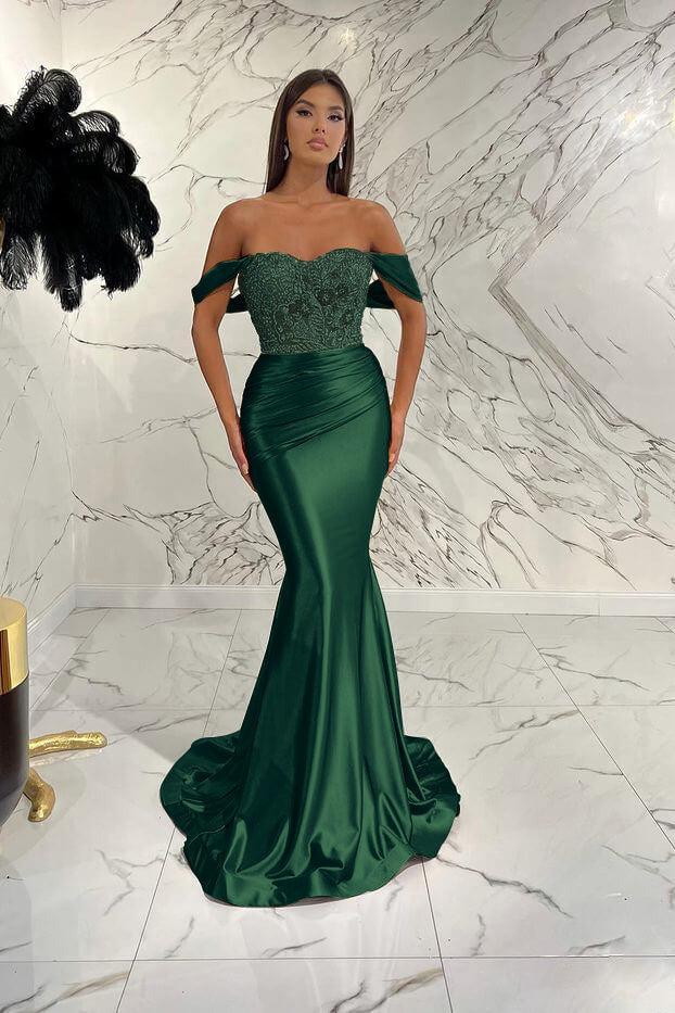Gold Mermaid Prom Dress Cap Sleeve Off the Shoulder Formal Dress With Lace Appliques