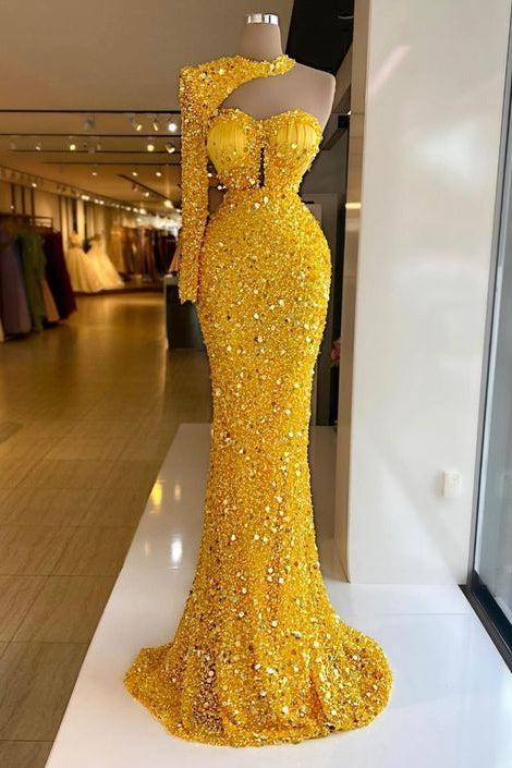 Dressystars Women Gold Mermaid Prom Dress Long Sleeve Sequined One Shoulder  Formal Dress
