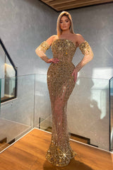 Gold Mermaid Prom Dress Long Sleeve Strapless Formal Dress With Beadings and Rhinestones