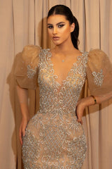 Gold Mermaid Prom Dress Puff Long Sleeve Crew Neck Formal Dress With Lace Appliques