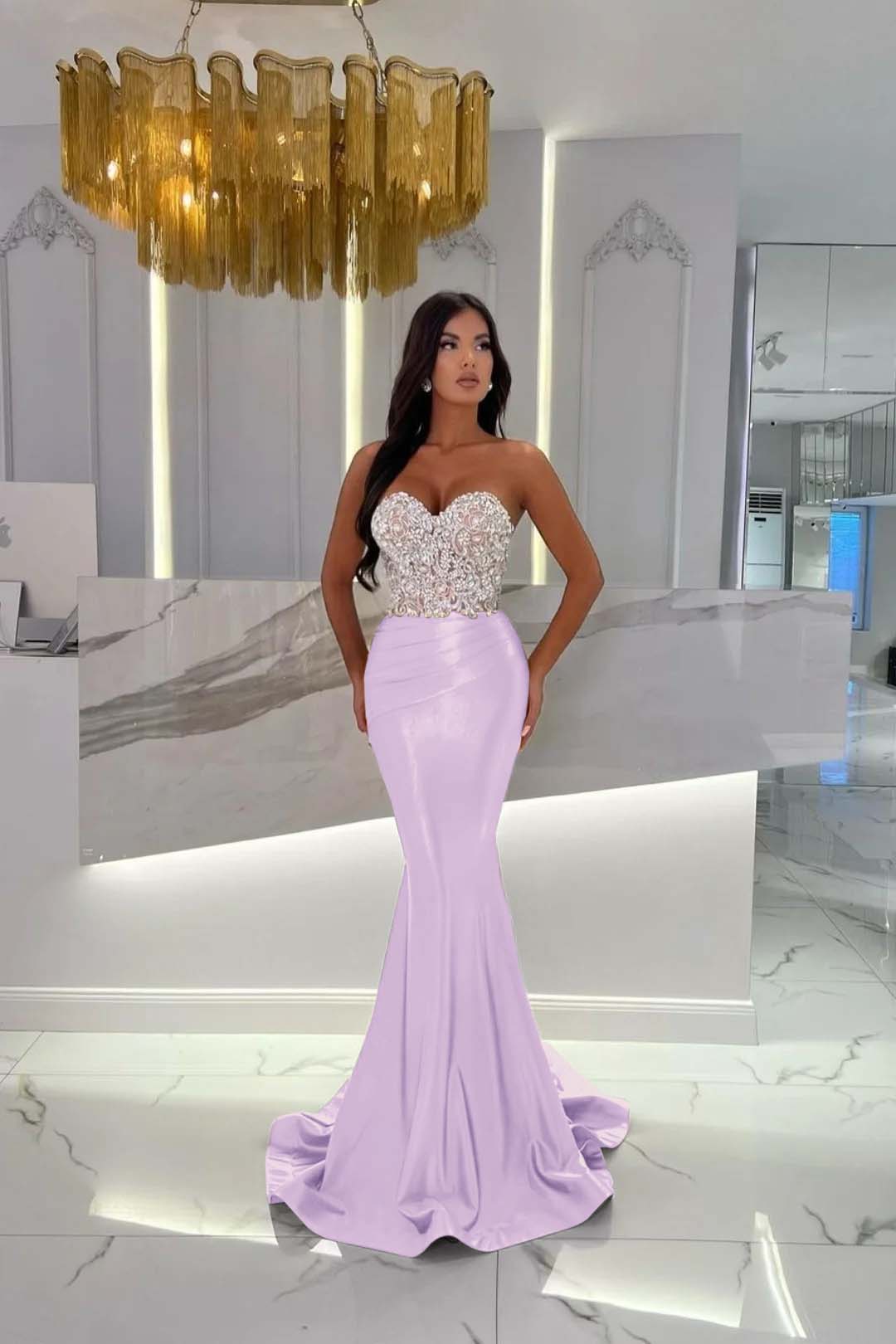Gold Mermaid Prom Dress Sleeveless Sweetheart Formal Dress With Beadings and Rhinestones
