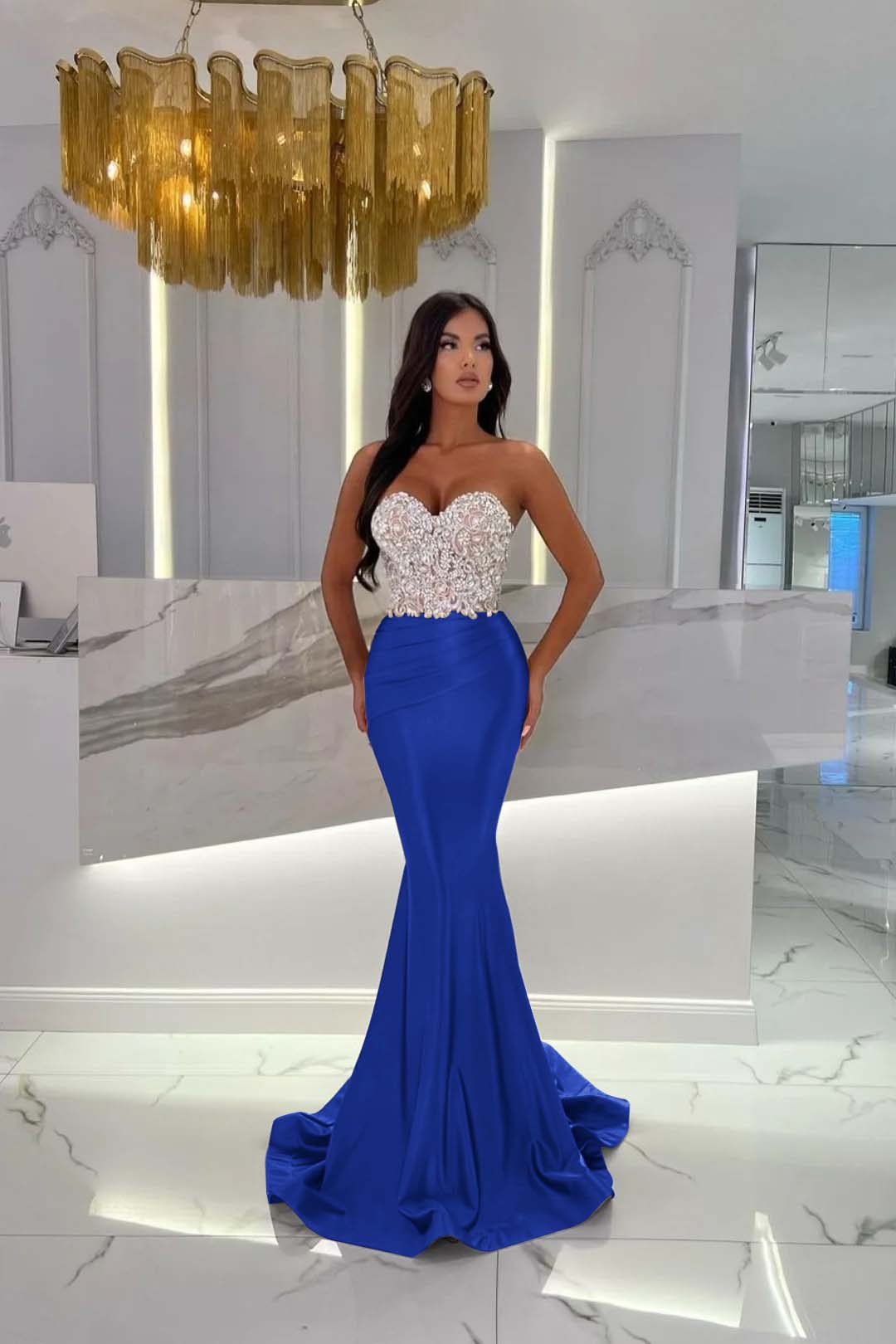 Gold Mermaid Prom Dress Sleeveless Sweetheart Formal Dress With Beadings and Rhinestones