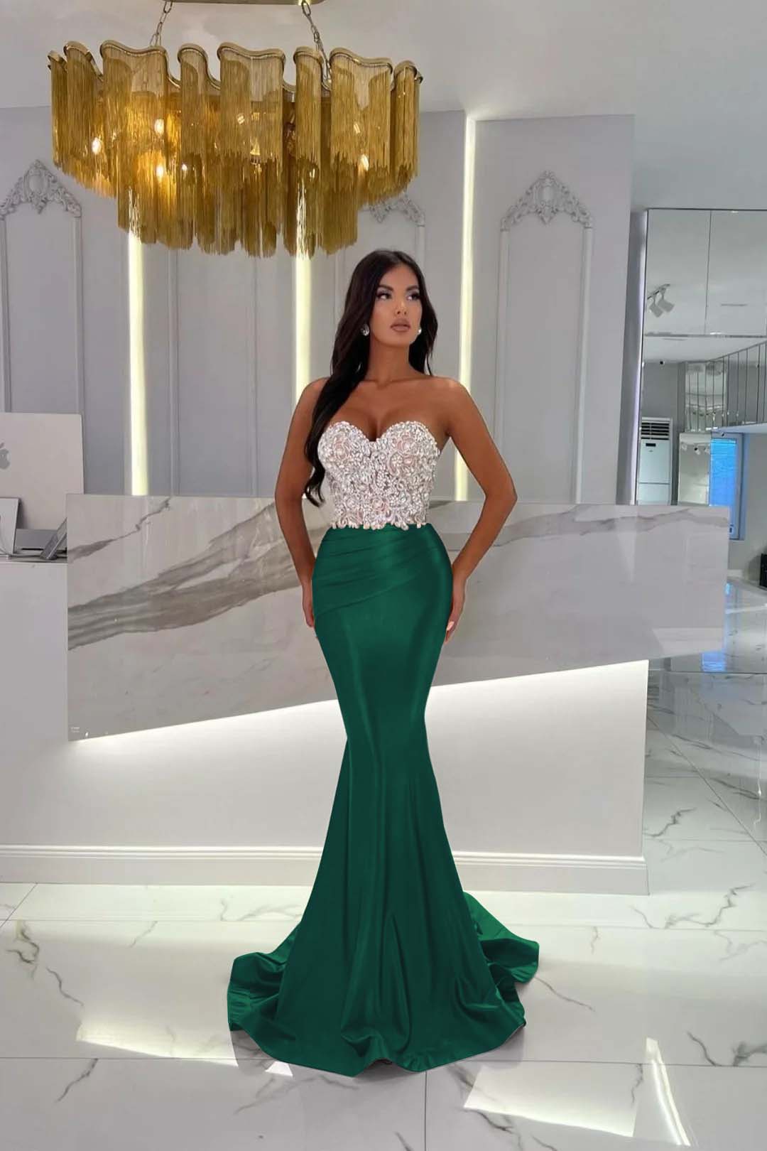 Gold Mermaid Prom Dress Sleeveless Sweetheart Formal Dress With Beadings and Rhinestones