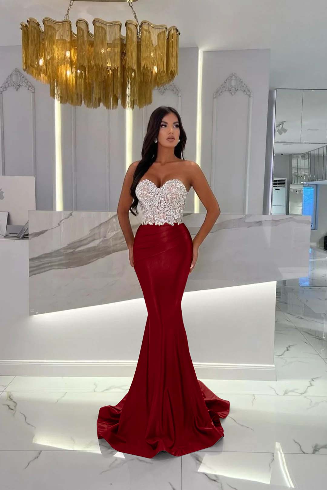 Gold Mermaid Prom Dress Sleeveless Sweetheart Formal Dress With Beadings and Rhinestones