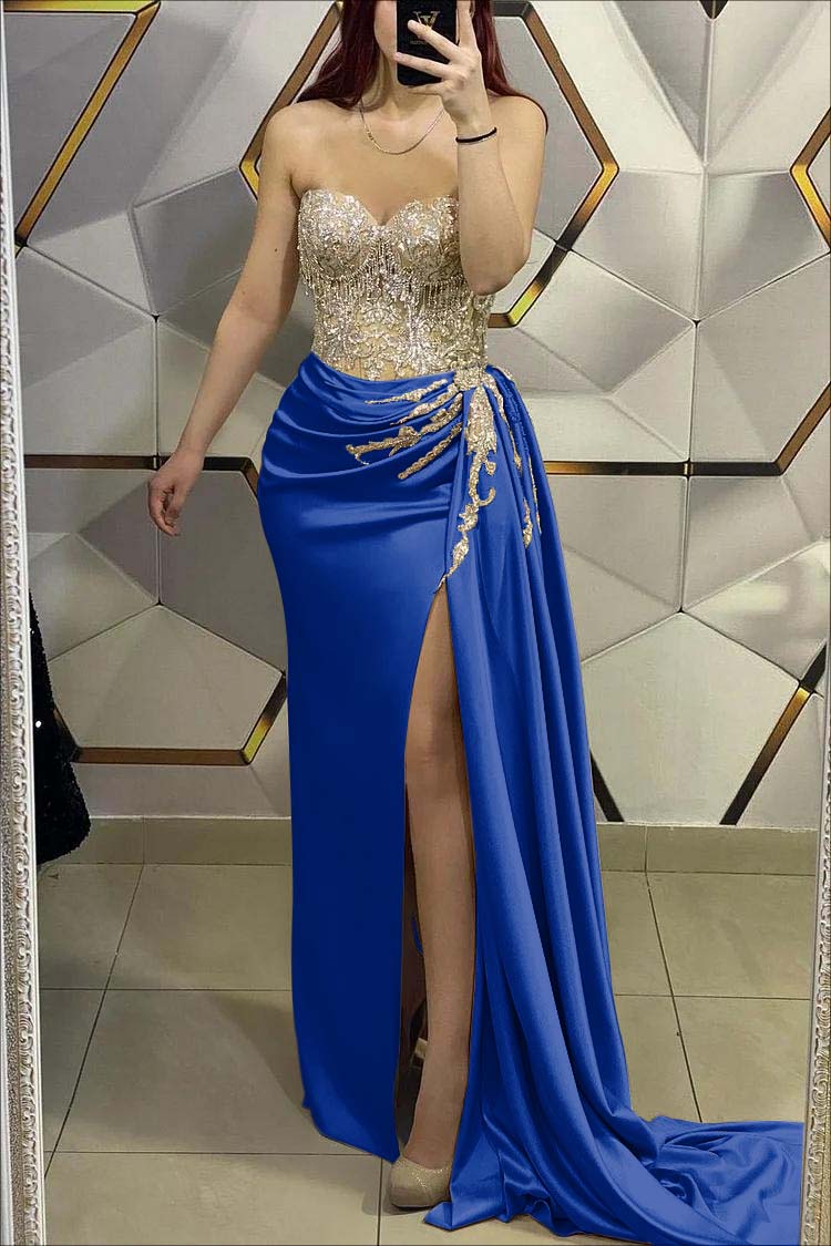 Gold Mermaid Prom Dress Sweetheart Formal Dress With Beadings and Rhinestones