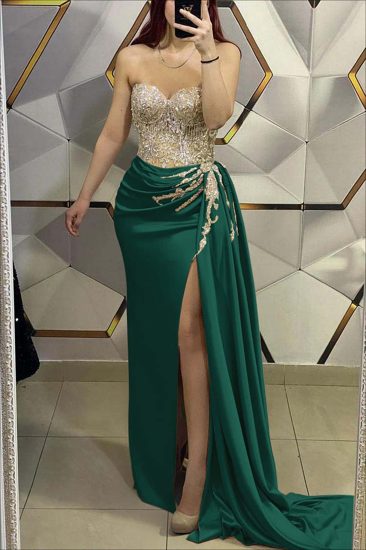 Gold Mermaid Prom Dress Sweetheart Formal Dress With Beadings and Rhinestones