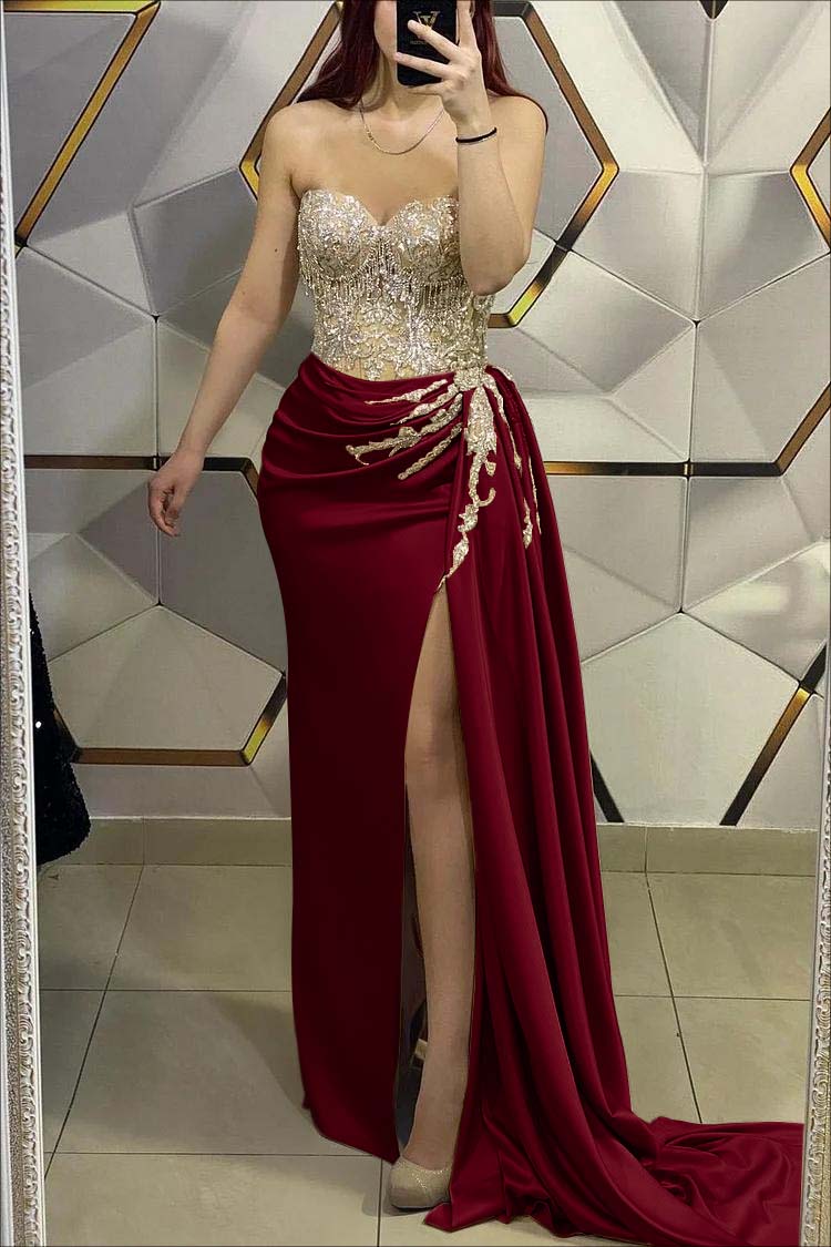 Gold Mermaid Prom Dress Sweetheart Formal Dress With Beadings and Rhinestones