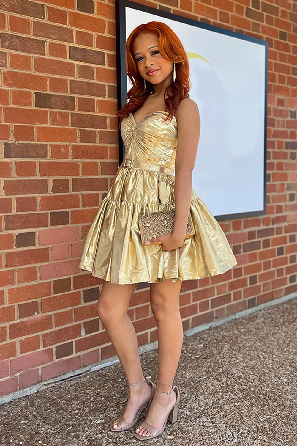 Gold Metallic A Line Homecoming Dresses Short Cocktail Dresses With Belt