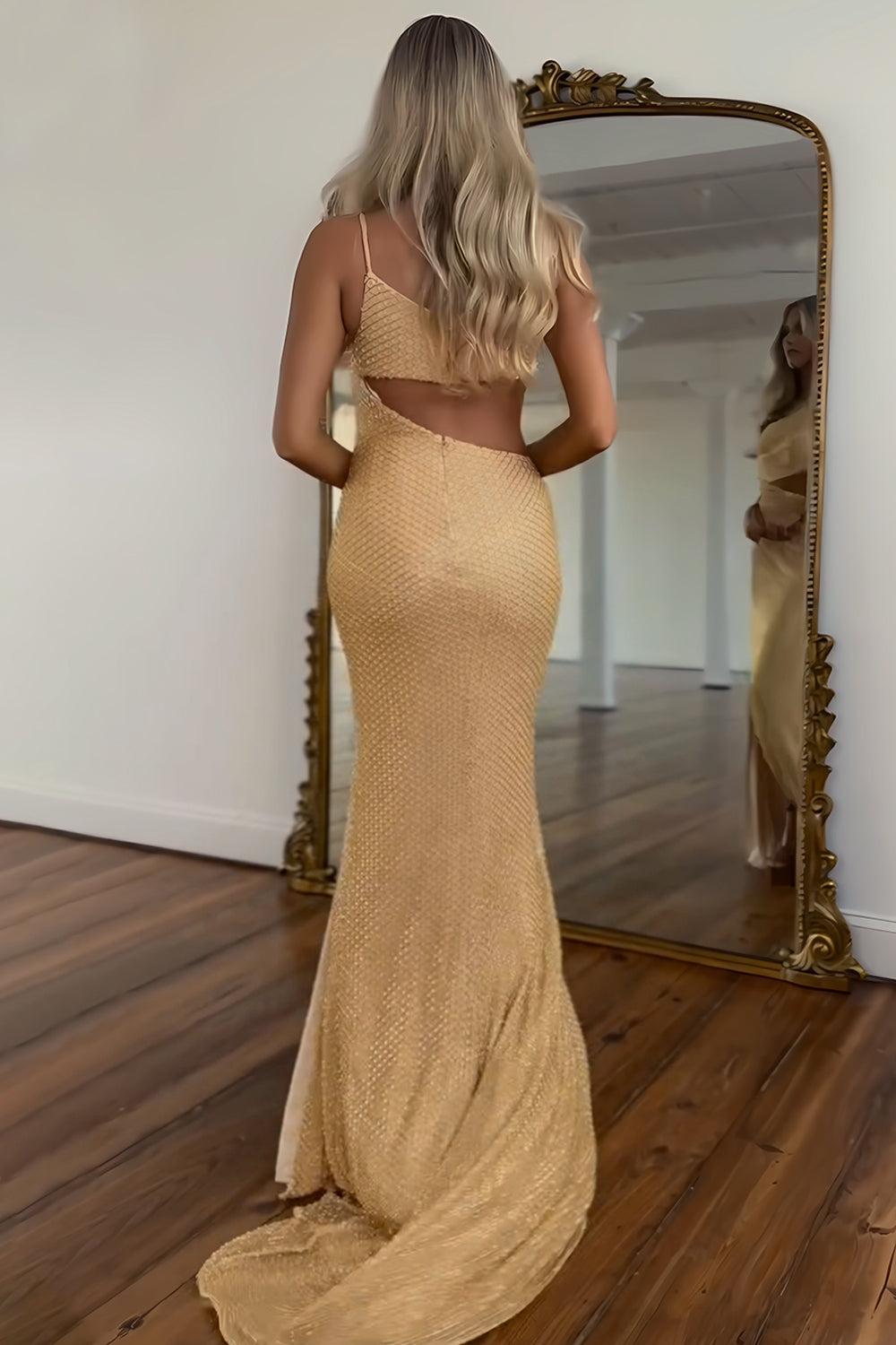 Gold One-Shoulder Sequin Mermaid Prom Dress With Architectural Cutout Formal Evening Gown