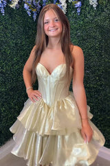 Gold Organza Homecoming Dresses Tiered Ruffled Short Corset Cocktail Dresses
