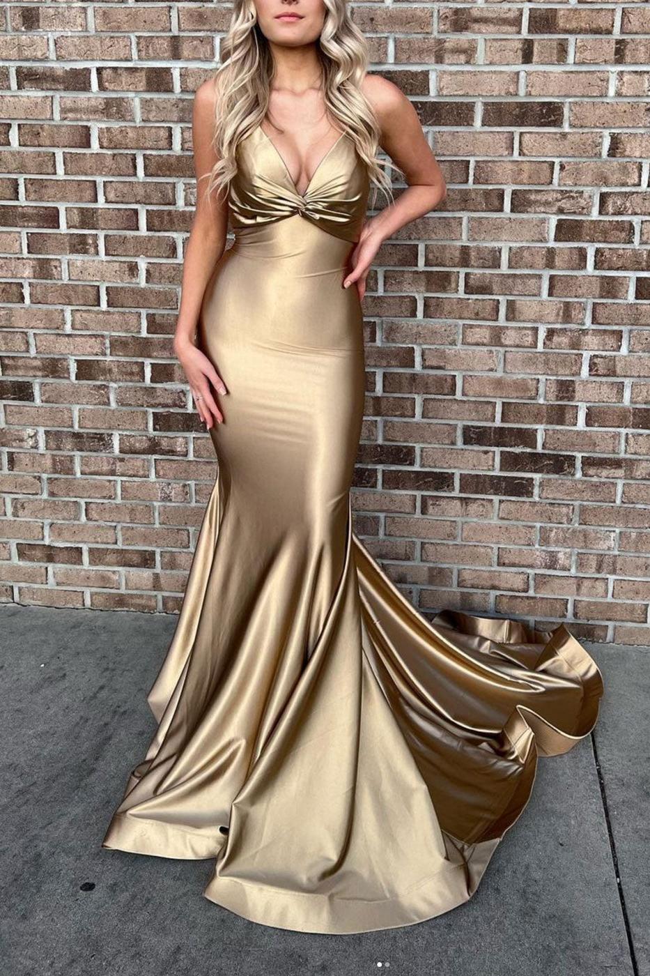 Gold Prom Dress Satin Mermaid Long Evening Dress