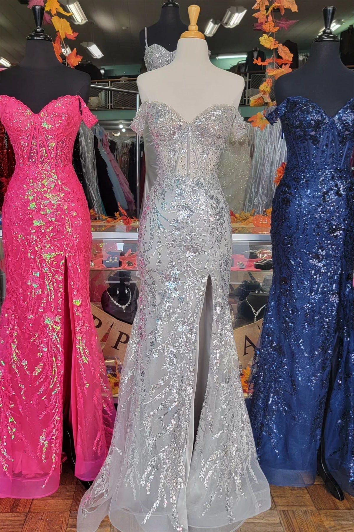 Gold Prom Dress Sequin Lace Off the Shoulder Mermaid Evening Dress