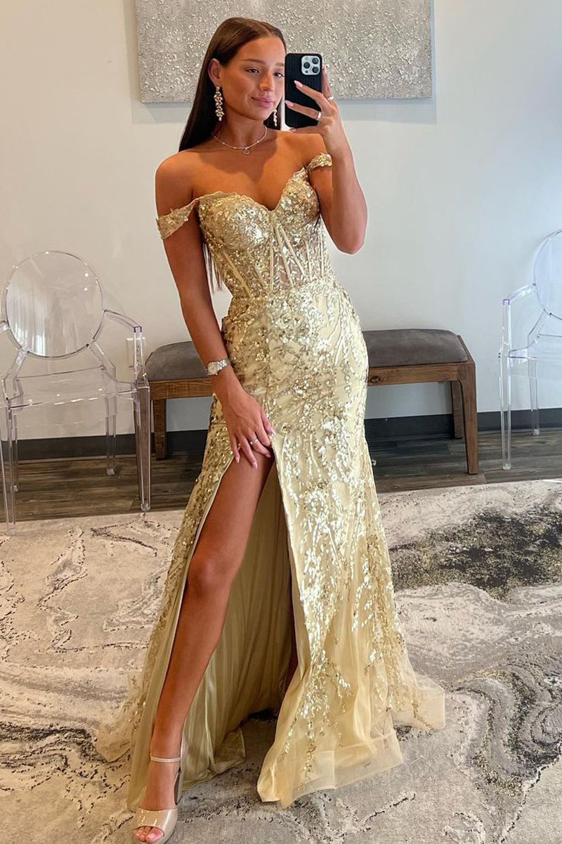 Gold Prom Dress Sequin Lace Off the Shoulder Mermaid Evening Dress