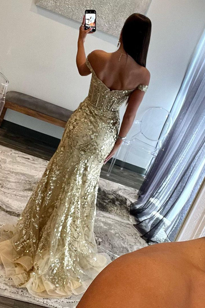 Gold Prom Dress Sequin Lace Off the Shoulder Mermaid Evening Dress