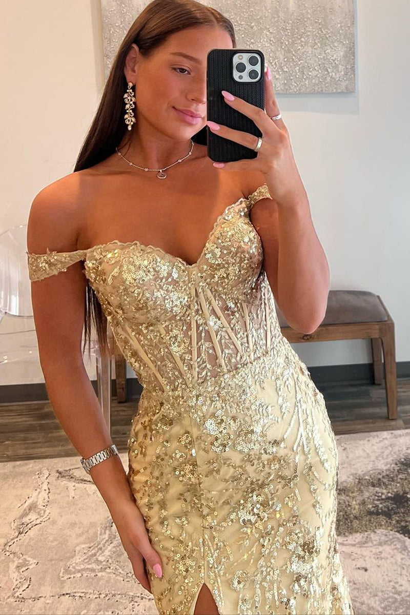 Gold Prom Dress Sequin Lace Off the Shoulder Mermaid Evening Dress
