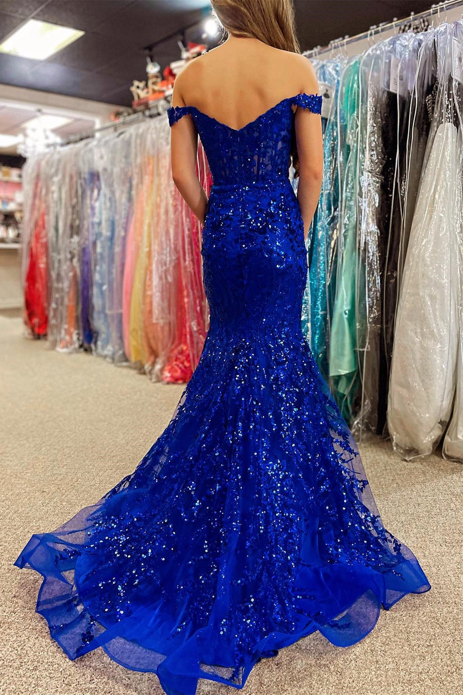 Gold Prom Dress Sequin Lace Off the Shoulder Mermaid Evening Dress