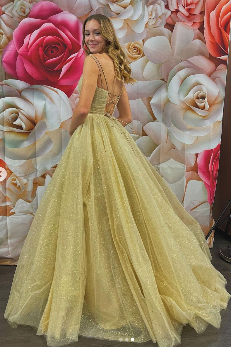 Gold Prom Dress V Neck Tulle Long Formal Gown Evening Dress