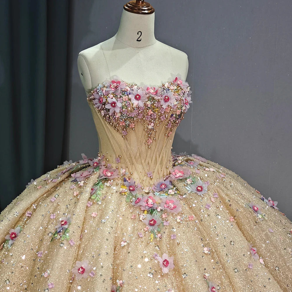 Gold Quinceanera Dress Ball Gown Shining Applique Strapless Sweet 16 Party Dress