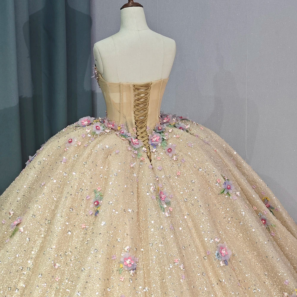 Gold Quinceanera Dress Ball Gown Shining Applique Strapless Sweet 16 Party Dress