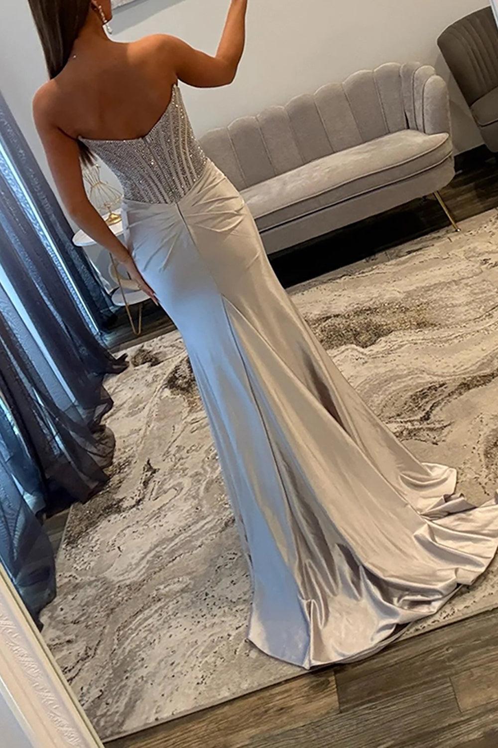 Gold Satin Corset Prom Dress Mermaid Beaded Long Formal Dress With Slit