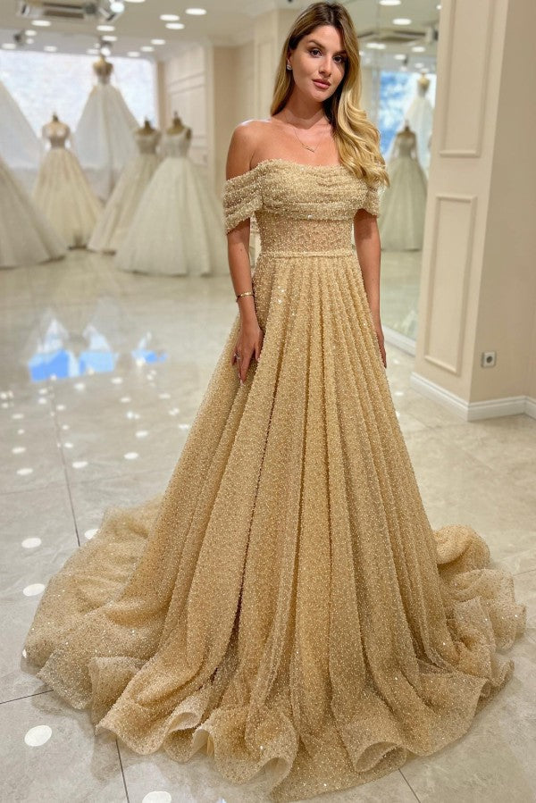 Gold Sequin A Line Wedding Dress with Off Shoulder Sleeves and Pearl Beading