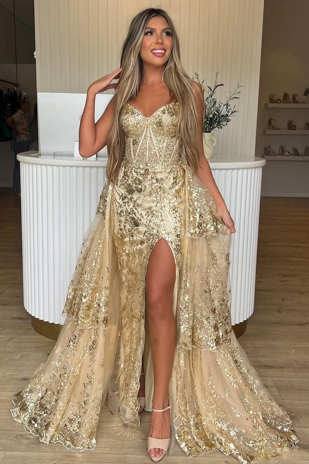 Gold Sequin Train Sweetheart A-Line Lace Long Prom Dress With Tiered Tulle Split Formal Evening Gown