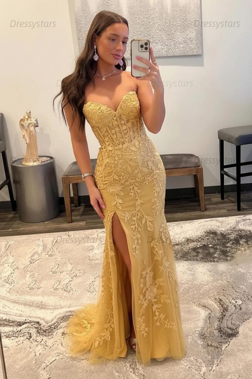 Black Prom Dress Corset Sweetheart Long Lace Mermaid Evening Dress with Slit